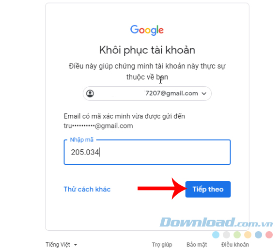 Nhập mã xác minh để lấy lại tài khoản Google