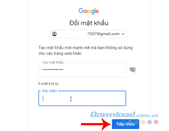 Nhập mật khẩu mới cho tài khoản Google