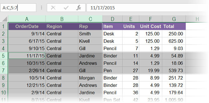 Chọn cột & hàng trong Excel qua Name Box