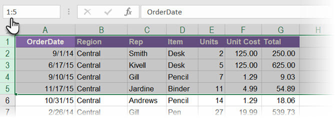 Chọn hàng trong Excel qua Name Box