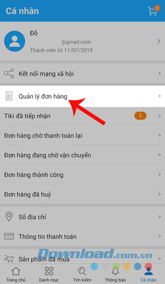 Ấn vào mục Quản lý đơn hàng