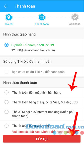 Chọn hình thức thanh toán