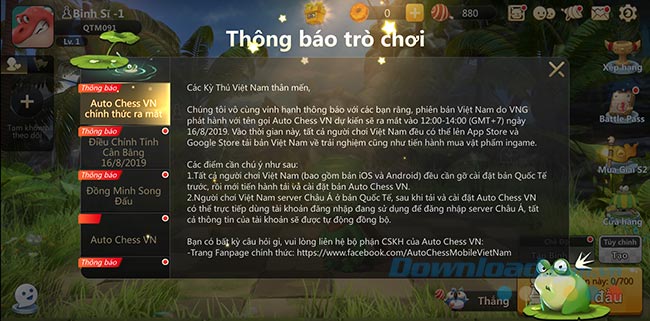 Thông báo của game Auto Chess VN