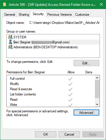 Cửa sổ bảo mật thư mục Windows