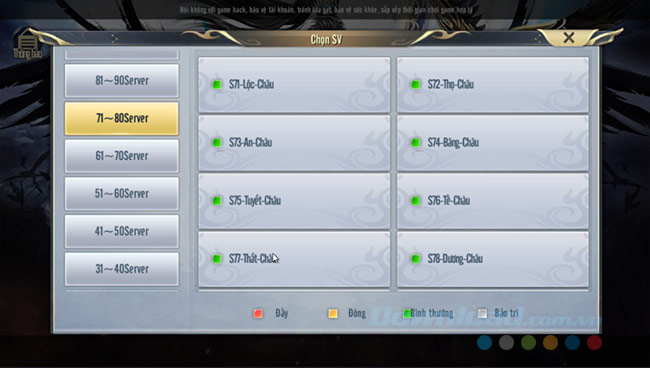 Chọn server cần đăng nhập chơi Thái Cổ Thần Vương