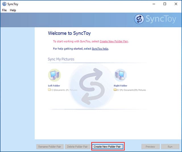 Giao diện chính của phần mềm SyncToy