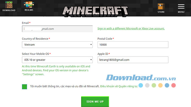 Thông tin đăng ký nhận skin game Minecraft Earth