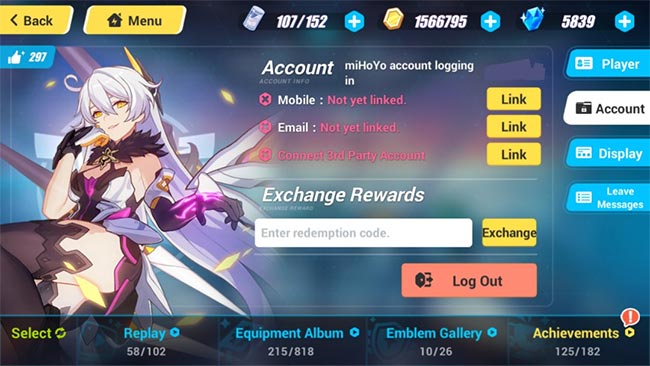 Thông tin tài khoản người chơi Honkai Impact 3 