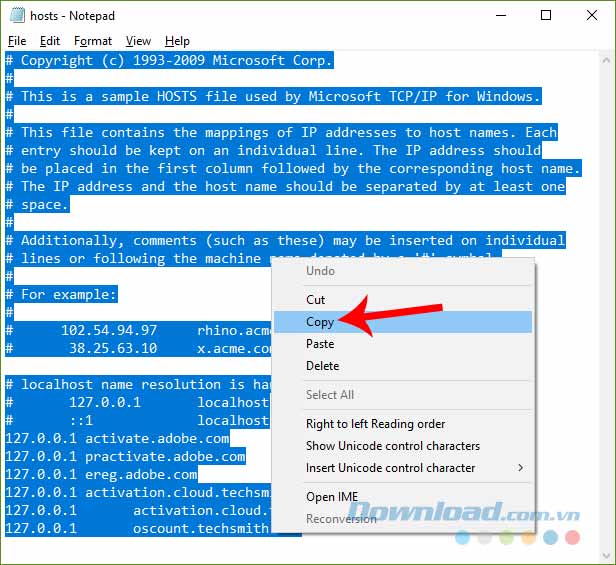 Copy toàn bộ file hosts