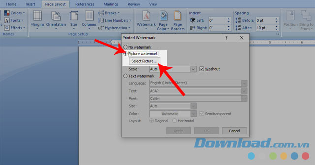 Tick vào ô Picture Watrmark và nhấn nút Picture Select