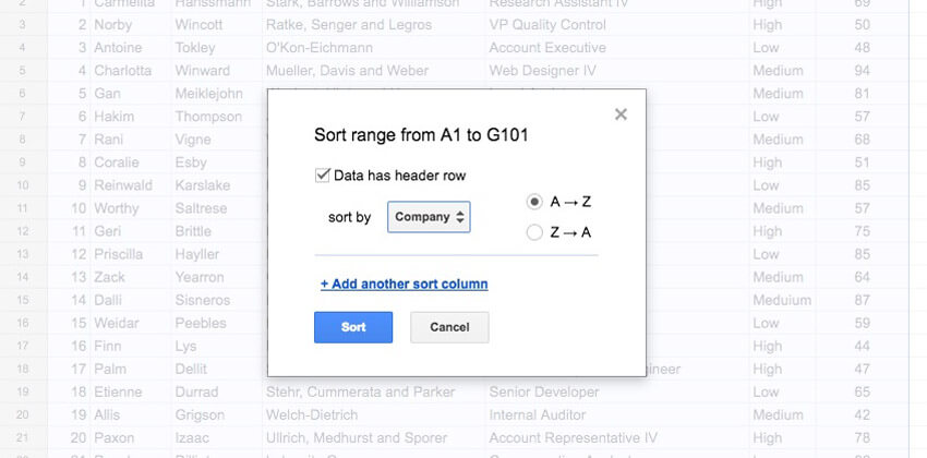 Bảng tính sau khi áp dụng công cụ phân loại của Google Sheets