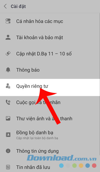 Chọn mục Quyền riêng tư