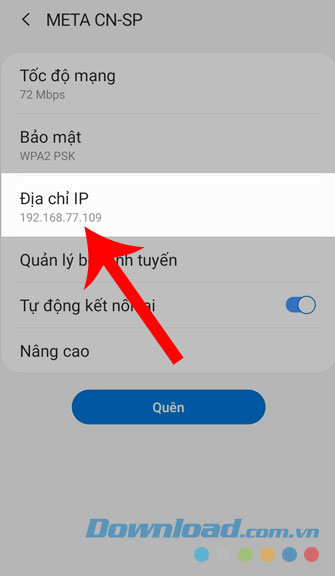 Địa chỉ IP được hiển thị lên