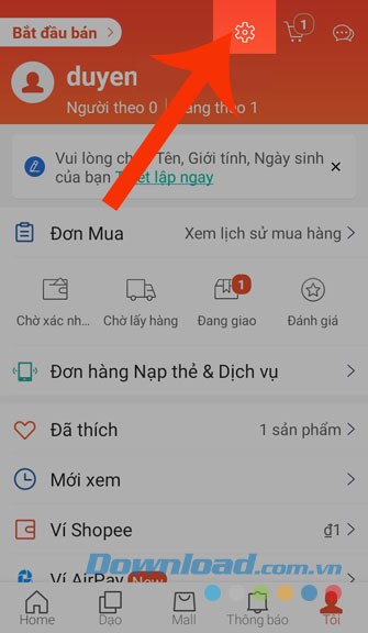 Ấn vào biểu tượng tài khoản