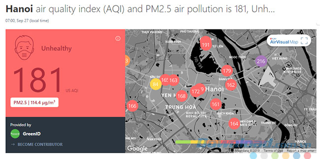 Kiểm tra ô nhiễm không khí tại Hà Nội bằng bản đồ