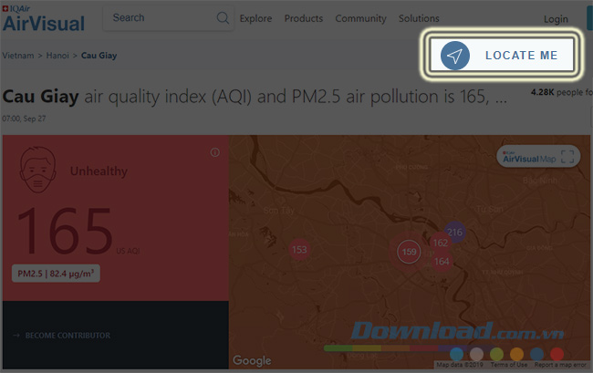 Kiểm tra chất lượng không khí theo vị trí hiện tại