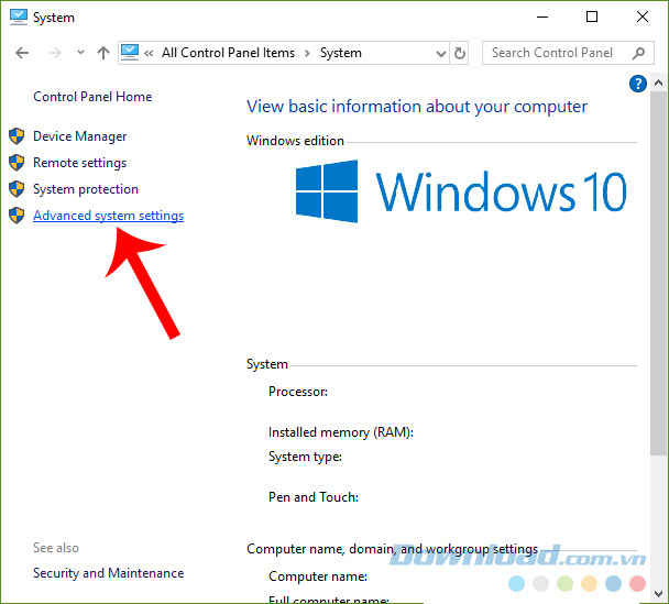 Chọn mục Advanced system settings