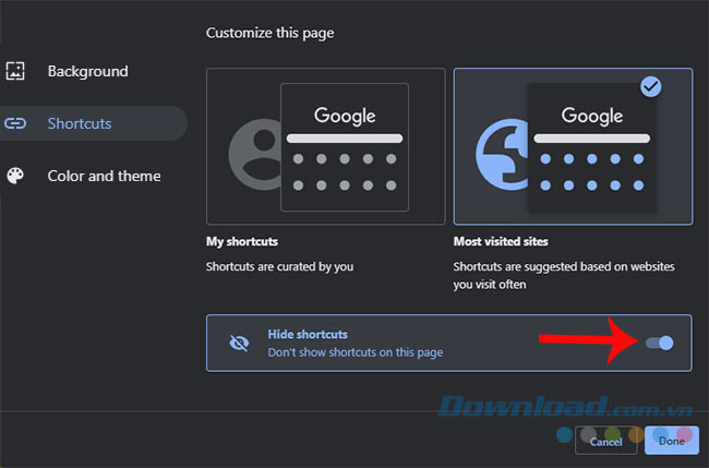 Giấu biểu tượng "Lối tắt" trên Chrome 