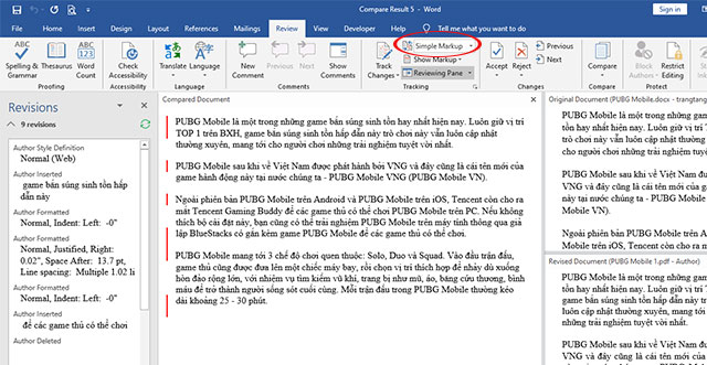 Hiển thị chế độ so sánh trực quan trên Microsoft Word