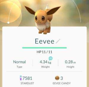 Chỉ số Eevee trong Pokemon Go