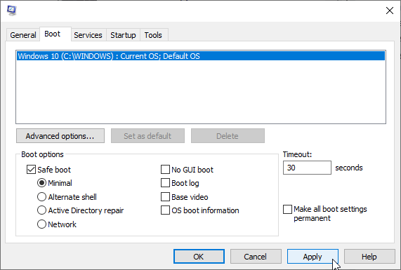 Lựa chọn khởi động vào Safe Mode trên Windows 10