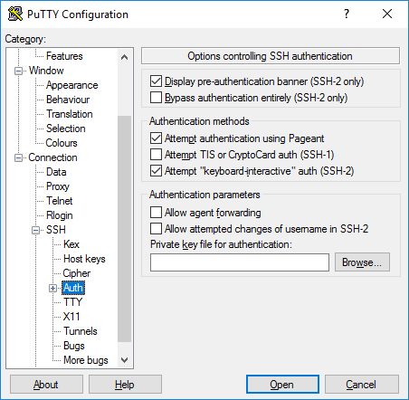 Tùy chọn public key xác thực PuTTY