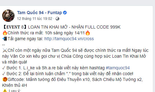 Hoàn thành nhiệm vụ theo yêu cầu trên fanpage của Tam Quốc 94