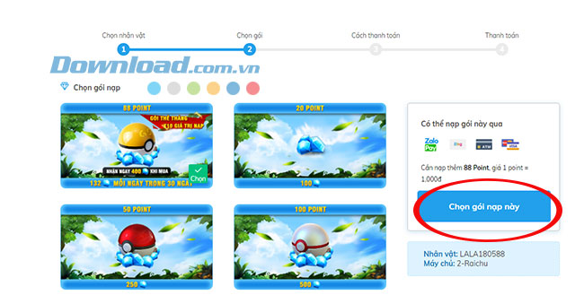 Chọn gói game muốn nạp