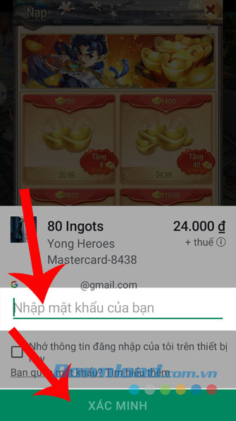 Nhập mật khẩu email và ấn nút Xác minh