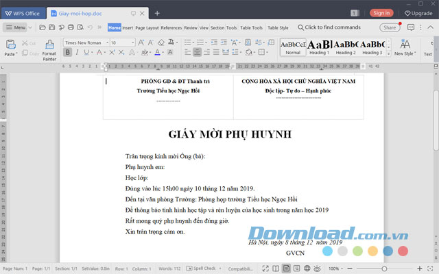 Trộn văn bản tạo Giấy mời họp với WPS Writer - Download.vn