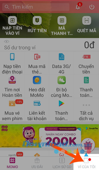 Nhấn vào mục Ví của tôi