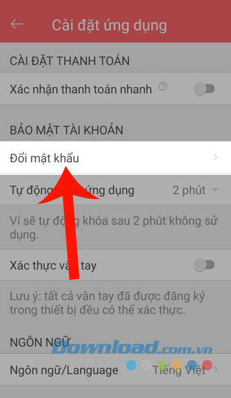 Chọn mục Đổi mật khẩu