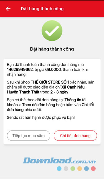 Đặt hàng thành công