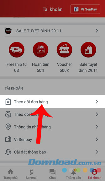 Nhấn vào mục Theo dõi đơn hàng