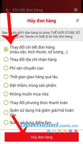 Chọn lý do hủy đơn hàng