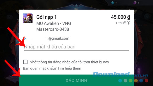 Nhập mật khẩu email và ấn nút Xác minh