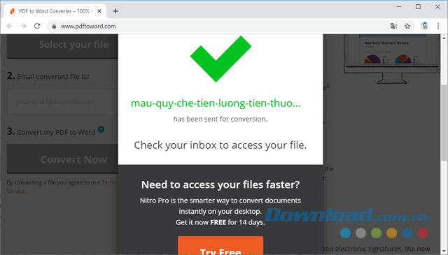 Check mail để lấy file Word