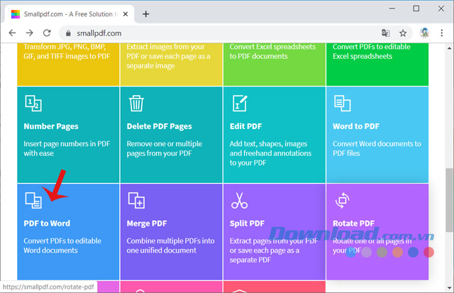 Chọn PDF to Word trên giao diện SmallPDF