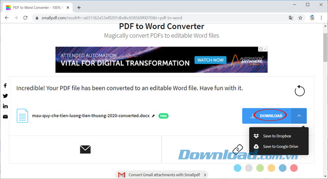 Tải file DOC sau khi convert về máy tính