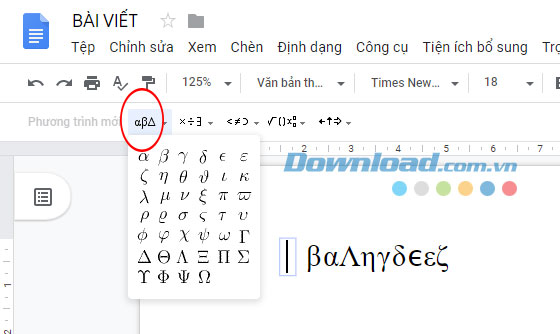 Chọn ký tự toán học trên Google Docs