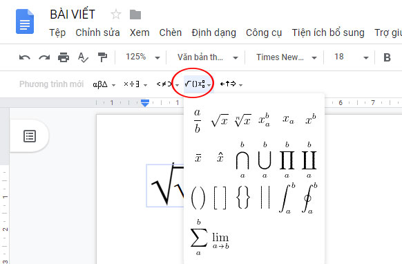 Các ký hiệu toán học trên Google Docs