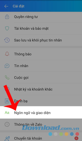 Nhấn vào mục Ngôn ngữ và giao diện