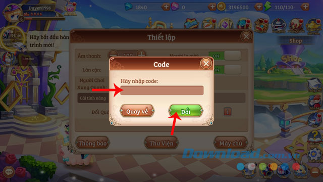 Nhập mã Giftcode và ấn nút Đổi