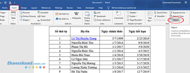 Nhúng file Excel trên Microsoft Word