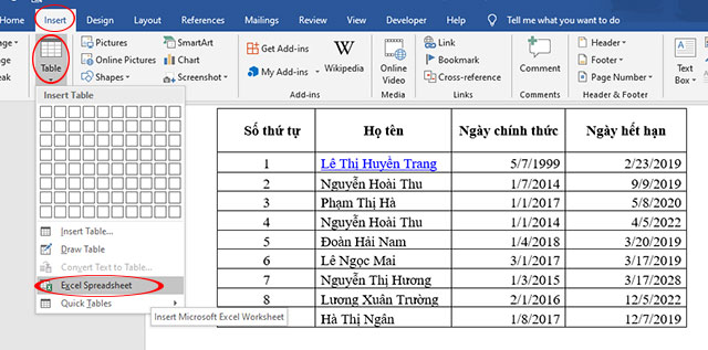 Chèn file Excel thông qua tính năng chèn bảng