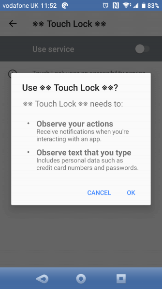 Yêu cầu cấp quyền của Touch Lock