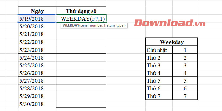 Dùng Hàm WEEKDAY để chuyển ngày sang thứ trong Excel
