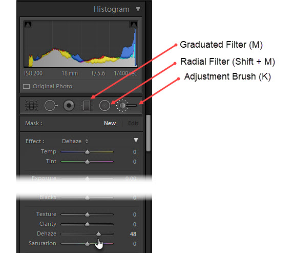 Công cụ Graduated Filter, Radial Filter hoặc Adjustment Brush trong dải công cụ module Develop.