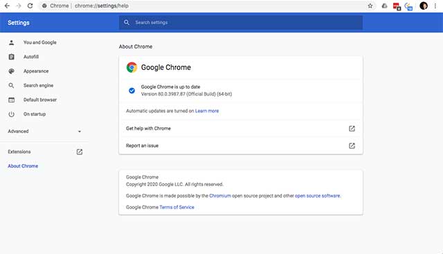 Update Chrome lên phiên bản mới nhất