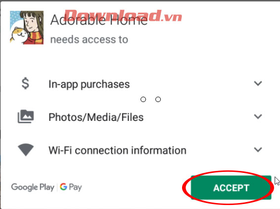 Đồng ý điều khoản cài đặt game Adorable Home
